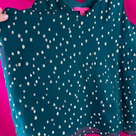 Lilly Pulitzer Silk Tank Top Gold Metallic‎ Dot Green Sleeveless V Neck Size M - Picture 5 of 17